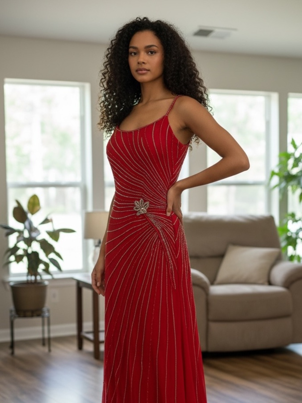 Tiffany Designs Pink/Red Beaded Spaghetti-Strap Evening Gown